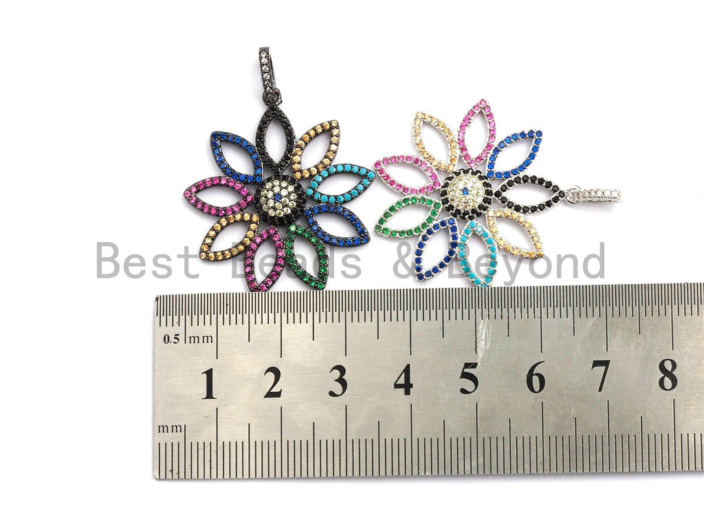 Colorful CZ Micro Pave Sunflower Filigree Pendant ,Gold/Silver/Black/Rose Gold,Cubic Zirconia Jewelry Findings,30x32mm,sku#F697