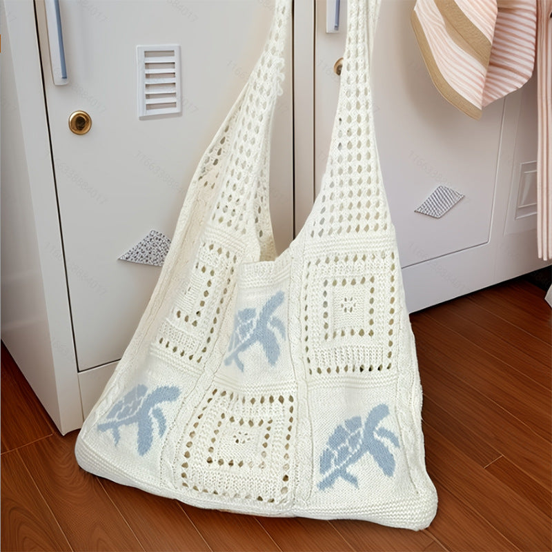 Women's Hand-Knitted Turtle Tote Bag - Hollow Knit Design Blue Shoulder Bag