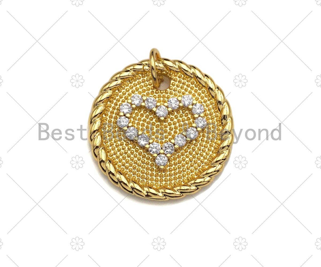 CZ Micro Pave Heart On Round Coin Charm/Pendant, Heart Shape Charm, Gold Coin Pendant, Gold plated charm, 18mm, Sku#LK131
