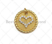 Load image into Gallery viewer, CZ Micro Pave Heart On Round Coin Charm/Pendant, Heart Shape Charm, Gold Coin Pendant, Gold plated charm, 18mm, Sku#LK131