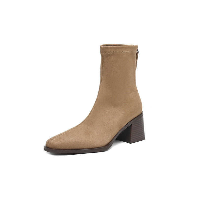 Women's Suede Square Toe Chunky Heel Boots