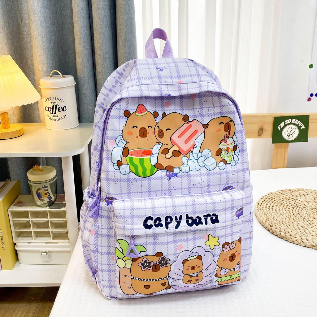 Capybara Cartoon School Backpack for Girls – Cute Nylon Bookbag for Primary & Middle School