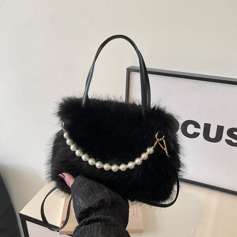 Women's Furry Tote Bag with Pearl Chain Shoulder Strap - Soft Faux Fox Fur Square Handbag