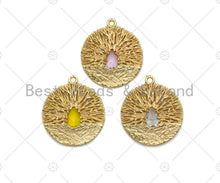 Load image into Gallery viewer, Filigree Round Gold Lacy Charm with Centered Colored Gemstone, Brushed Gold Charm, Twisted Wire Pendant, 19mm, sku#CP15