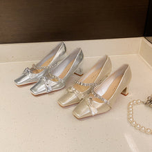 Load image into Gallery viewer, Women's Rhinestone Mary Jane Heels - French Style Pointed Toe Chunky Heel Shoes