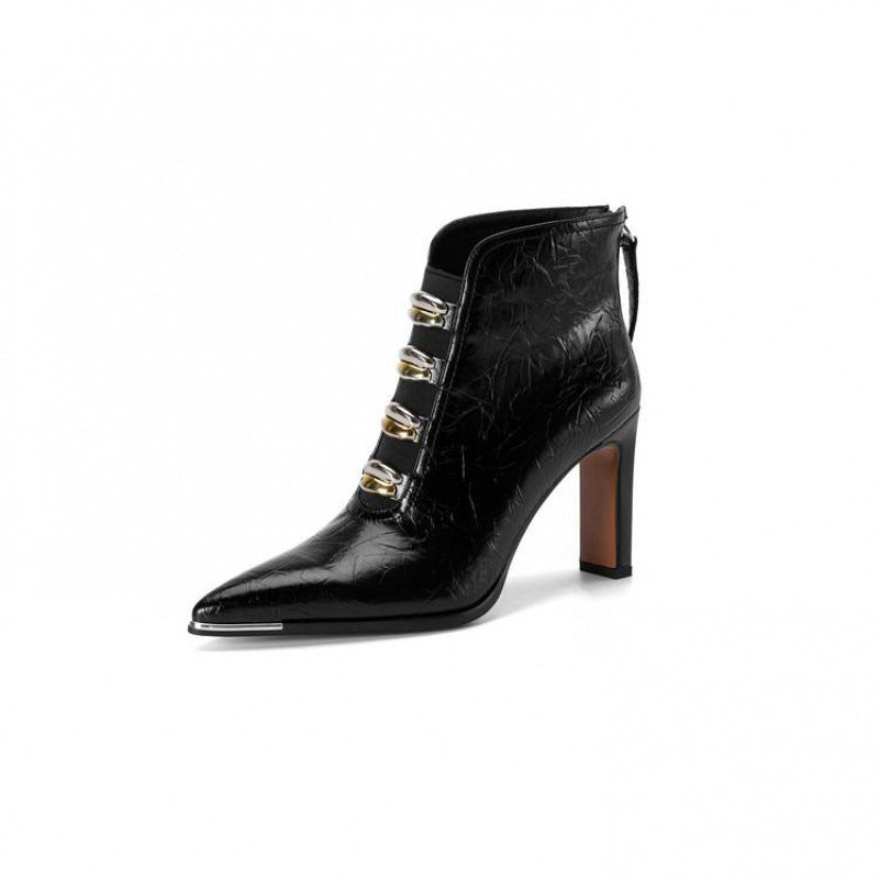 Women's Pointed-Toe Chunky Heel Short Boots – Satin Upper, Ultra-High Heel