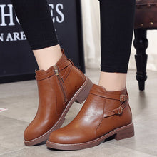 Load image into Gallery viewer, Women's Low Heel Buckle Ankle Boots – PU Leather Side Zipper Round Toe Winter Boots