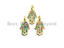 Load image into Gallery viewer, CZ Colorful Micro Pave Hamsa Hand Pendant, Hamsa Hand Shaped Pave Pendant, Gold plated, 10x16mm, Sku#F734