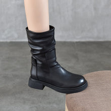 Load image into Gallery viewer, Women's Round Toe Genuine Leather Mid-Calf Boots | Chunky Heel Side Zipper