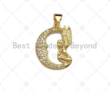 Load image into Gallery viewer, CZ Micro Pave Angle On Cresent Moon Pendant/Charm,Cubic Zirconia Charm, Necklace Bracelet Charm Pendant,16x20mm, Sku#JL17