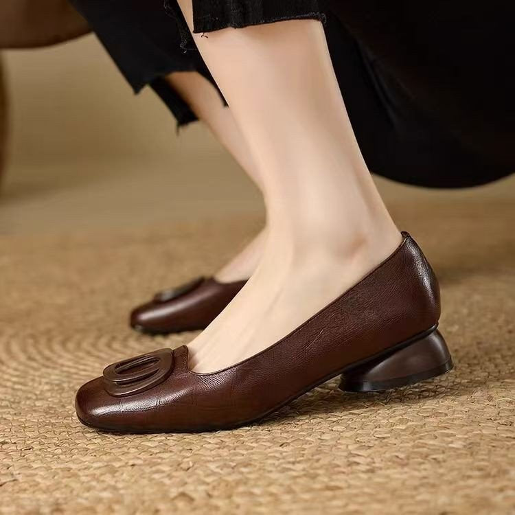 Women's Vintage Round Toe Slip-On Flats | Chunky Low Heel Casual Shoes
