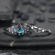 Load image into Gallery viewer, 2-Piece Set: Gothic Black &amp; Golden Engagement Ring Set with Pear-Shaped Cubic Zirconia