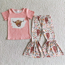 Load image into Gallery viewer, Highland cow print shirt bell bottom pants girls spring clothing