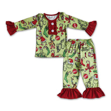 Load image into Gallery viewer, Green face merry Christmas kids girls pajamas