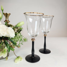 Load image into Gallery viewer, Black Stemmed Clear Wine Glass with Gold Rim- Set of 4