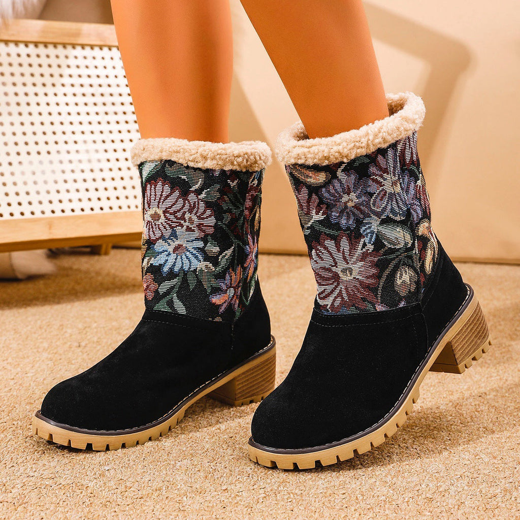 Women's Embroidered Snow Boots | Ethnic Floral Platform Square Heel Mid-Calf Winter Boots