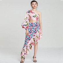 Load image into Gallery viewer, Summer Women Clothing Maxi Dress Asymmetric Tube Top Single Sleeve Waist Tight Floral Stitching Dress