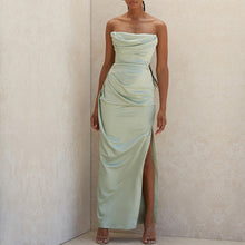Load image into Gallery viewer, Satin Tube Top Split Knee Length Dress Sexy Evening Dress