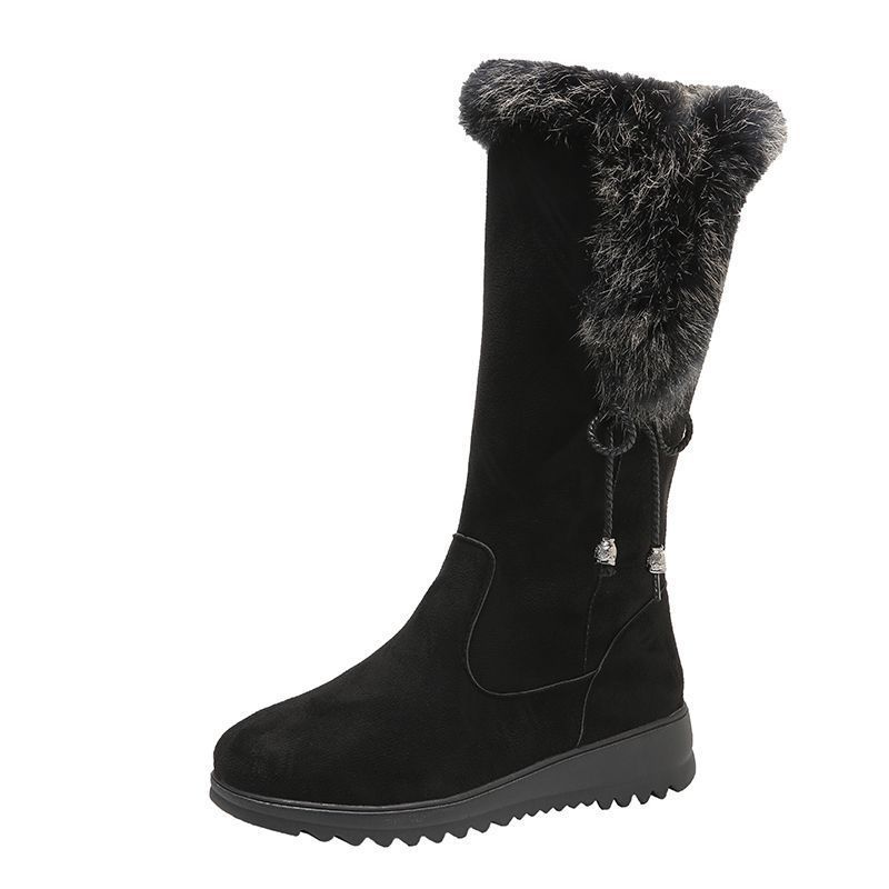 Women's Winter Snow Boots | Chunky Sole Furry Warm Flat Boots with Button Detail | Black & Gray