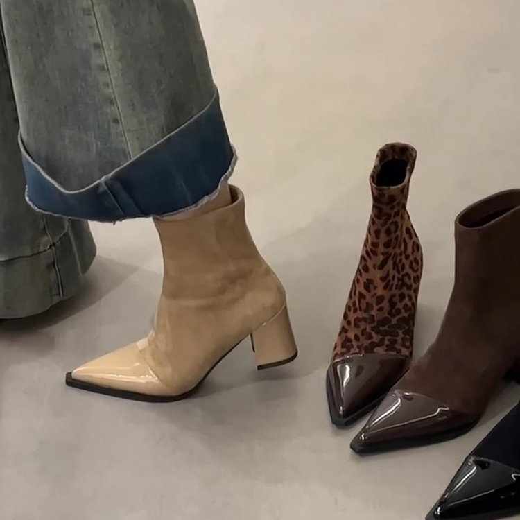 Women's Chunky Heel Pointed Toe Slip-On Boots | Microfiber Leather | Low Heel Ankle Boots