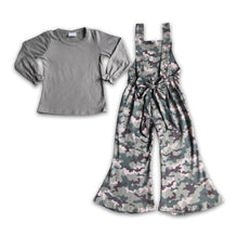 Load image into Gallery viewer, Grey cotton top camo overalls girls clothes
