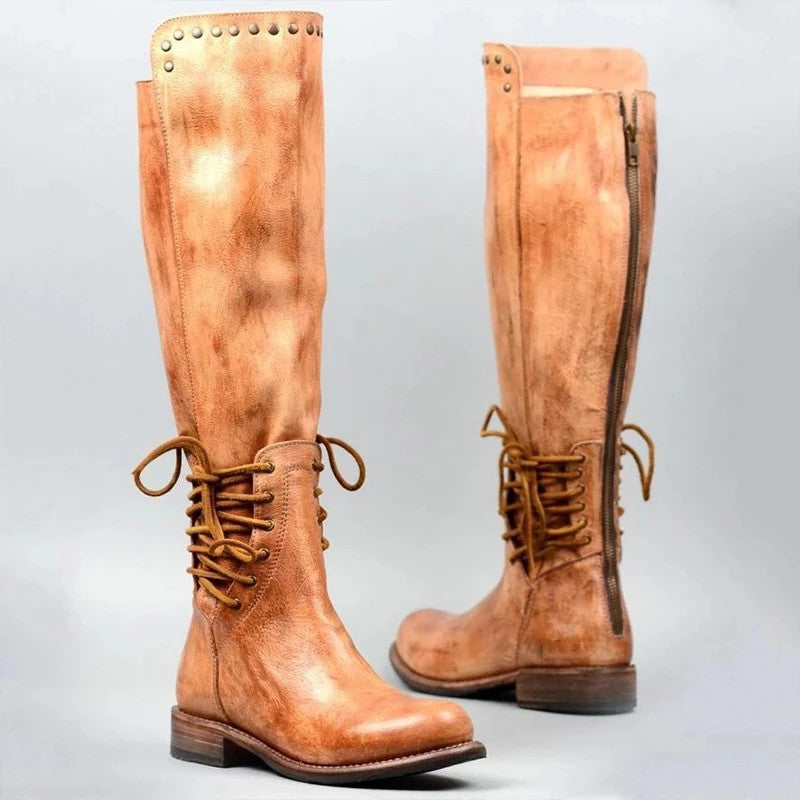 Women's Lace-Up Leather Boots | Round Toe Chunky Heel High Shaft | Black & Brown