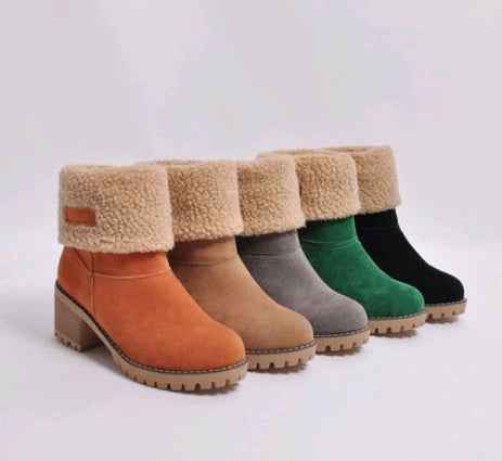 Premium Suede Snow Boots Women - Mid-Tube Thick Heel Winter Boots