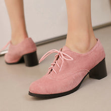 Load image into Gallery viewer, Women's Round Toe Chunky Heel Lace-Up Shoes - Suede Matte Finish High Heels