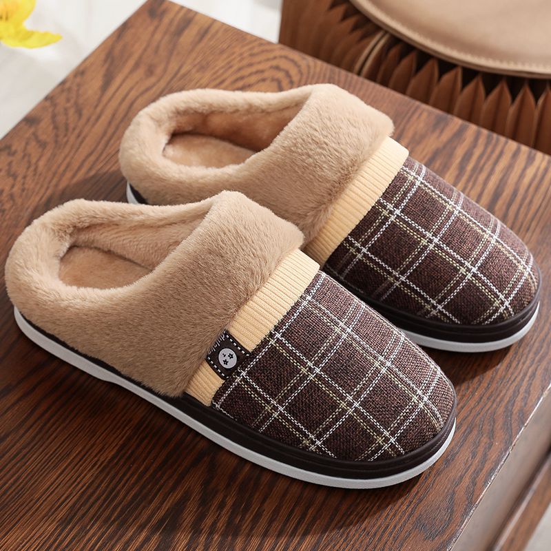Men's Cotton Winter Slippers Non-Slip Warm Thick Sole Plush Indoor Shoes