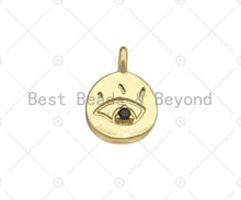 Load image into Gallery viewer, Black CZ Micro Pave Evil Eye On Round Coin Shape Charm, 18K Dainty Gold Medallion Charm, Necklace Bracelet Charm Pendant,14x19mm, Sku#LK252