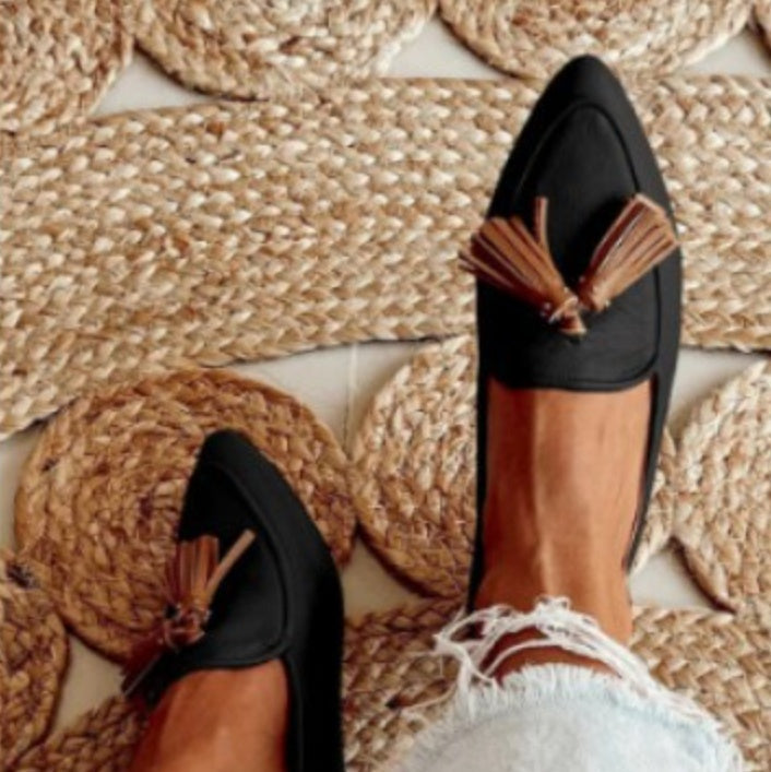 Women's Pointed-Toe Peep-Toe Pumps with Rivet & Tassel Detail | Low Heel Office Flats