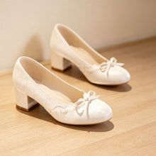 Load image into Gallery viewer, Women's Satin Bow Block Heel Pumps | Ivory Jacquard Slip-On Heels