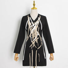 Load image into Gallery viewer, Fall Elegant Dark Sexy V neck Cross Drawstring Tied Long Sleeves Short Dress Women