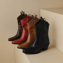 Load image into Gallery viewer, Women's Retro Square Toe V-Cut Mid-Calf Chunky Heel Boots | Synthetic PU | Sizes EU 34–43