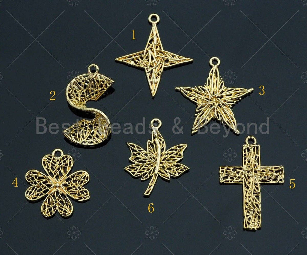 Filigree Gold Lacy Charm, Star/Clover/Cross/Leaf Brushed Gold Twisted Wire Charm Pendants for Earrings necklace making, sku#CP09
