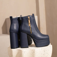 Load image into Gallery viewer, Women's Square Toe Chunky Heel Ankle Boots - Waterproof Platform Side Zipper Boots