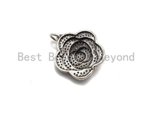 Load image into Gallery viewer, CZ Micro Pave Rose Flower Shape Pendant, Antique Silver Tone, Cubic Zirconia Pave Flower Charm Pendant, 23x25mm,sku#F1029C
