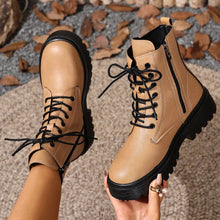 Load image into Gallery viewer, Women's Lace-Up Ankle Combat Boots | Low Heel PU Leather | Khaki Pink Brown