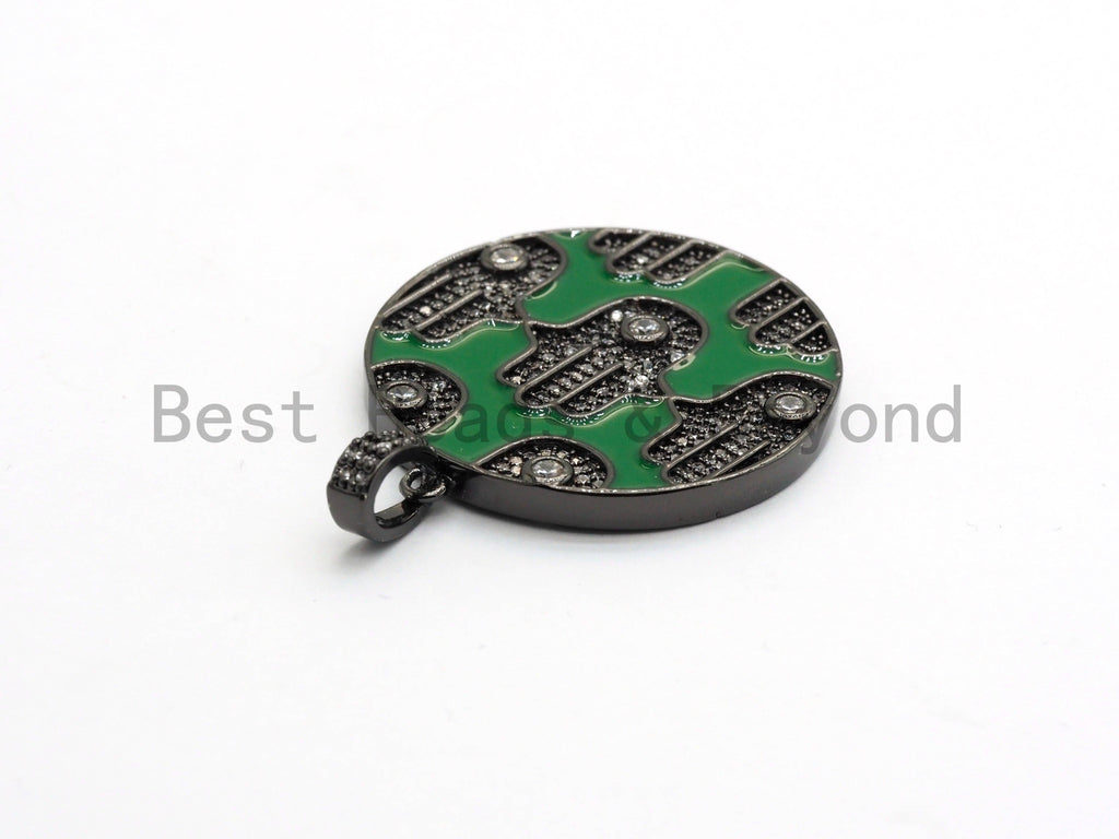 LARGE Enamel Colorful Round With Hamsa Hand Pendant,CZ Micro Pave Oil Drop Round pendant,Enamel pendant,Enamel Jewelry,34x38mm,sku#F592