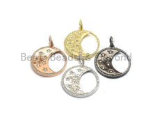 Load image into Gallery viewer, CZ Micro Pave Hollow Round With Moon Star Pendant ,Gold/Silver/Black/Rose Gold ,Cubic Zirconia Jewelry Findings,30x34mm,sku#F700