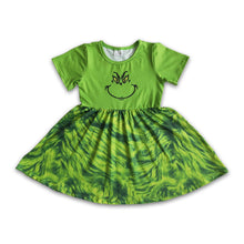 Load image into Gallery viewer, Green face screen print baby girls Christmas dresses