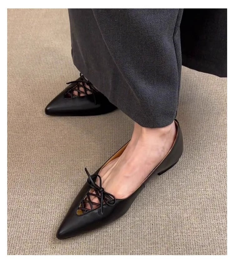 Women's Bow-Knot French Cutout Commuter Flat Shoes - Elegant Slip-On Ballet Flats