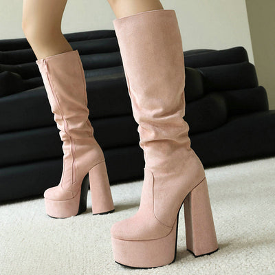 Women's Stretch Suede Waterproof Chunky High Heel Boots | Side Zipper | Sarah Express