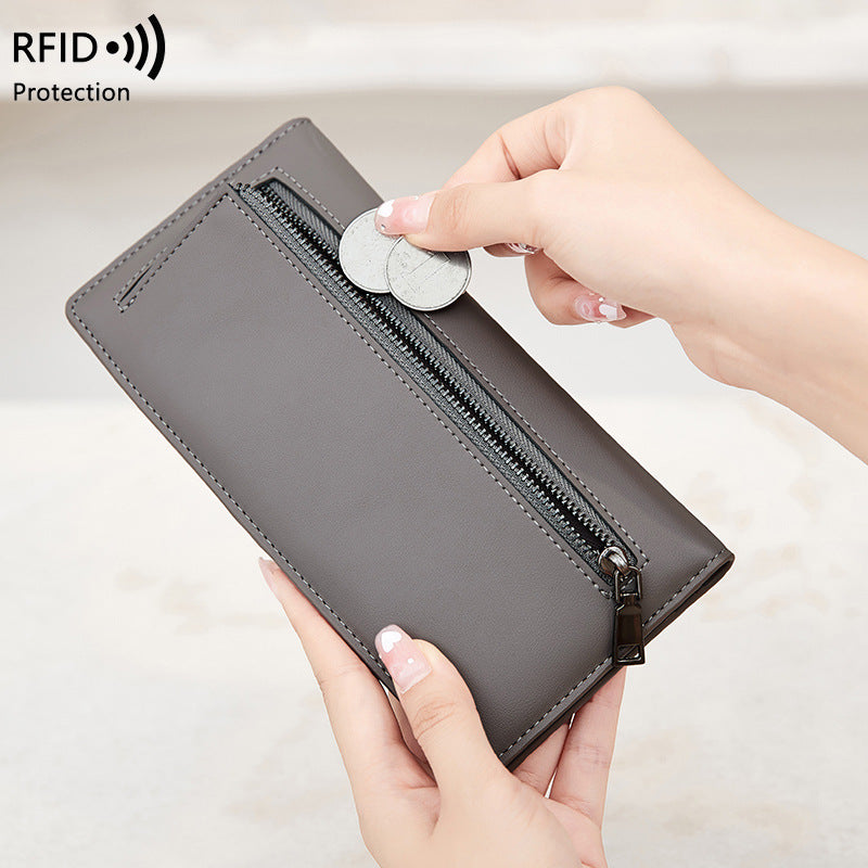 RFID Anti-Theft Wallet PU Leather Zipper Bifold with Multiple Card Slots