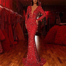 Load image into Gallery viewer, Spring Women Clothing Sheath Dress Fishtail Edge Red Paillette Long Sleeve V neck Dress