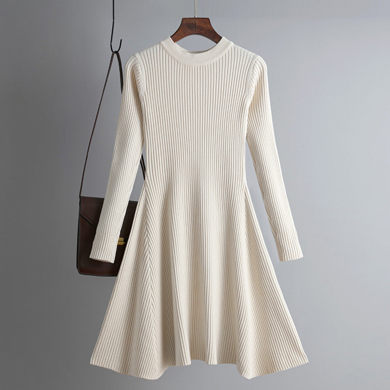 Dress Autumn Winter Women Knitted Long Sleeved Solid Color Slim Fit Bottoming Inner Wear A- line Dress