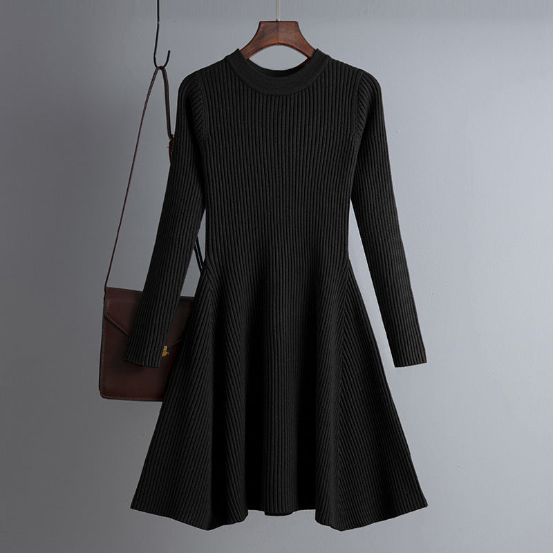 Dress Autumn Winter Women Knitted Long Sleeved Solid Color Slim Fit Bottoming Inner Wear A- line Dress
