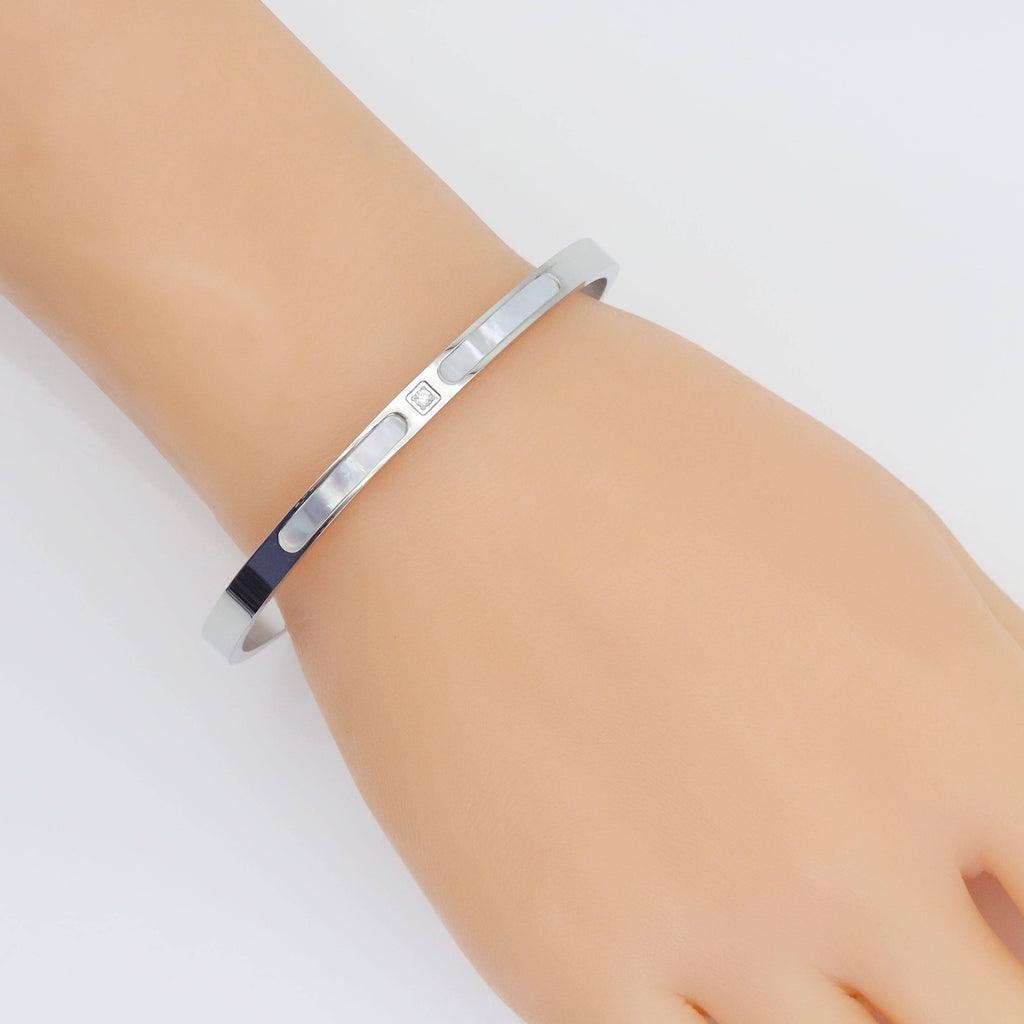 Silver Mother of Pearl thin Bangle Adjustable Bracelet, Sku#LX616