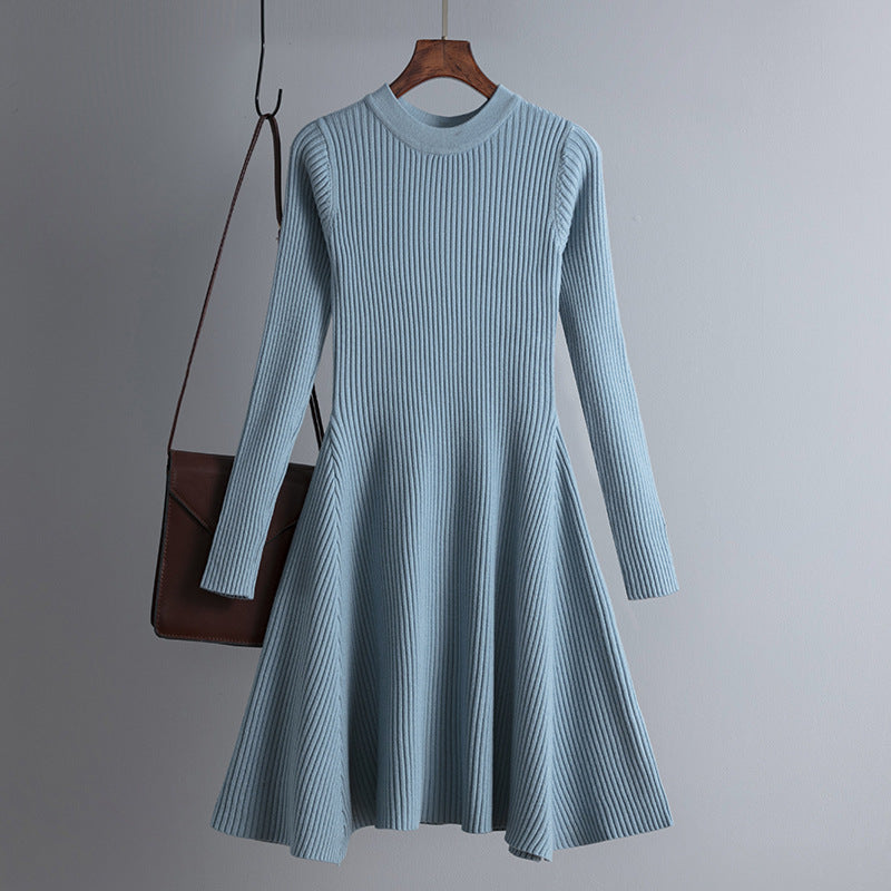 Dress Autumn Winter Women Knitted Long Sleeved Solid Color Slim Fit Bottoming Inner Wear A- line Dress