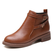 Load image into Gallery viewer, Women's Low Heel Buckle Ankle Boots – PU Leather Side Zipper Round Toe Winter Boots
